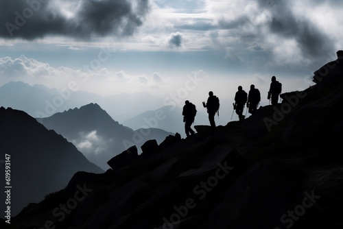 hiker in the mountains, Conquering the Peaks: Silhouette of Hikers Against a Black Cloudy Backdrop, Peering Through a Small Gap, Enveloped in the Majestic Mountain Skyline