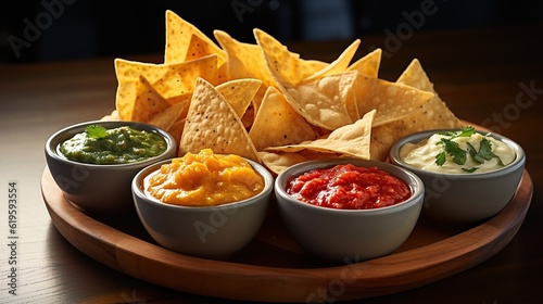 Nachos chips in bowl with sauces ai generated image Generative AI