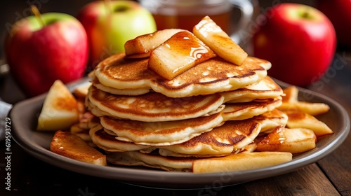 Thin pancakes with apples and topping. Delicious hearty food, Shrovetide menu. Generative AI
