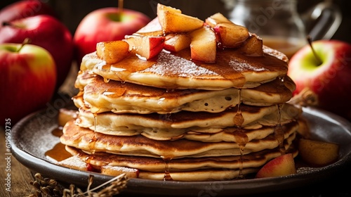 Thin pancakes with apples and topping. Delicious hearty food, Shrovetide menu. Generative AI
