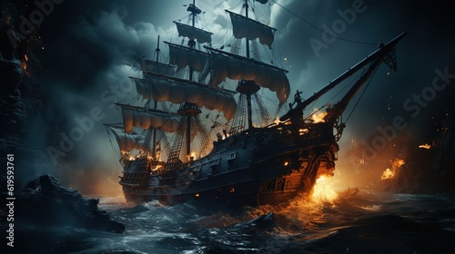 Pirate horror ghost ship in middle of ocean,dark night. Created with generative AI.