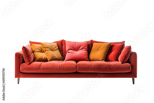Isolated modern red upholstered velvet cosy lounge sofa	,isolated on transparent background, cutout png photo