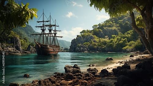 Pirate port overlooking old sailing ship