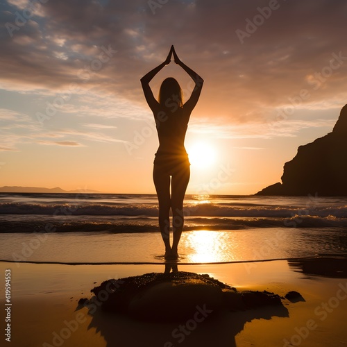feminine Yoga Fitness on the Beach at Sunset