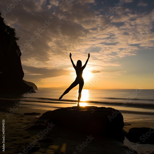 silhouette fitness girl practicing yoga at beach