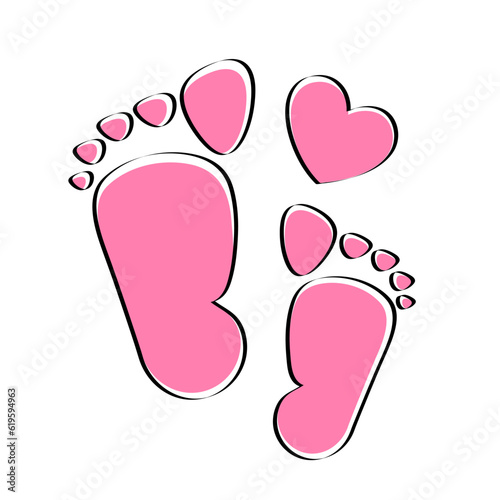 Pink kids or baby feet and foot steps with heart. New born, pregnant or coming soon child footprints. Vector illustration