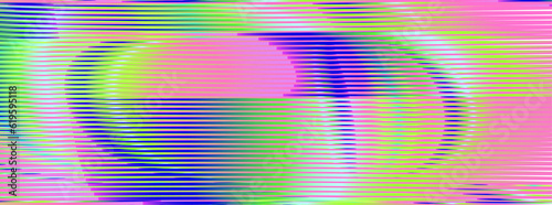 Neon colors iridescent geometric abstract banner of stripes and glowing shapes. Psychedelic background for wall art, wallpaper, wall panel, textile, poster, interior decor. 