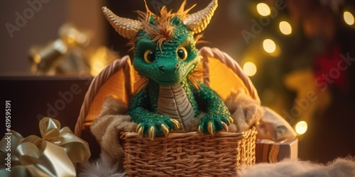 AI generated. Cute toy dragon sitting under the Christmas tree surrounded by gifts © StasySin
