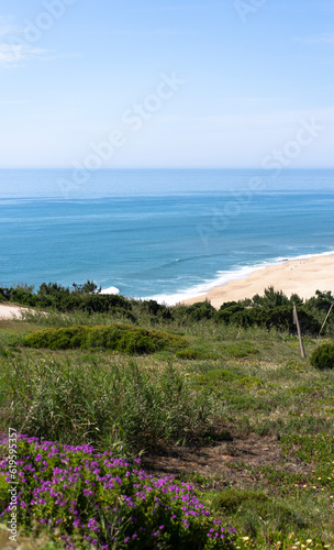View of the sandy beach in Nazare area in Portugal