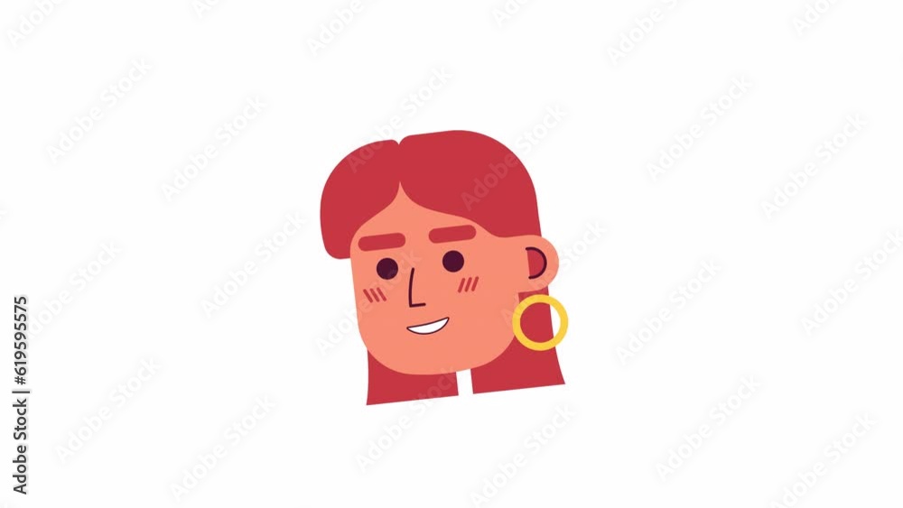 Pretty woman with gold hoop earrings 2D avatar icon animation. Office lady casual flat cartoon 4K video, transparent alpha channel. Latina chic animated person facial expression on white background