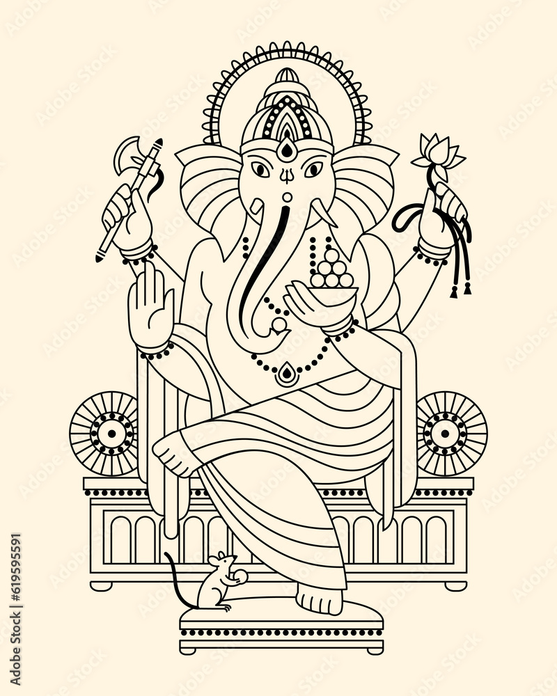 Ganesh figure linear contour black and white editable vector illustration, Happy Ganesh Chaturthi greeting card template, poster. Hindu God Ganpati modern style simple flat, line drawing. Tatoo design