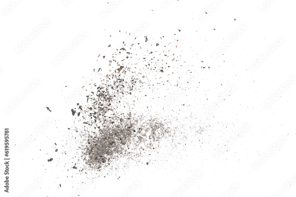 Cigarette ash explosion isolated on white background, texture
