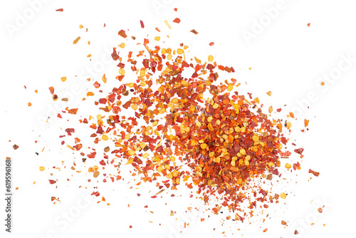 Fotótapéta Spicy chili red pepper flakes, chopped, milled dry paprika pile isolated on whit