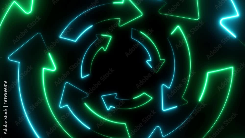 arrows showing recycling or environmental protection. Neon animation where lines draw an icon on a black background. Multiple layers