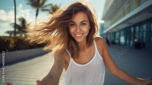 Portrait of young smiling happy woman on a sunny day