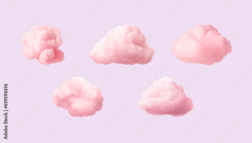 Set of realistic pink soft clouds. Vector illustration. Soft sky background elements isolated on purple backdrop