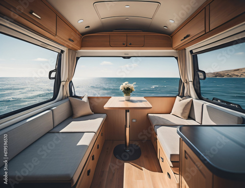 View of the ocean from inside a camper Van life