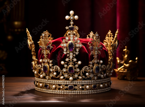 The British Royal crown, gold crown on purple with encrusted jewels.