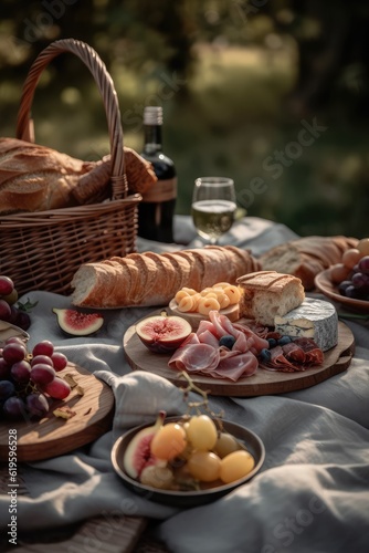 various tasty dishes such as cheese, prosciutto, pastries and grapevine on a picnic blanket in nature. Generative AI