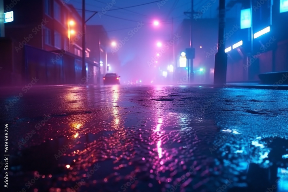 Abstract light patterns from neon lights, searchlight, and smoky fog on wet street. Generative AI