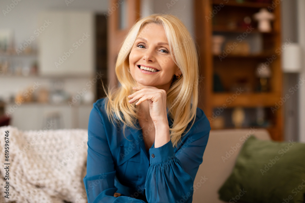 Portrait Of Happy Senior Lady With Blonde Hair At Home Portrait Of Happy Senior Lady With Blonde Hair At Home
