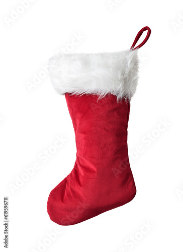 Red and white Christmas stocking isolated cutout on transparent photo