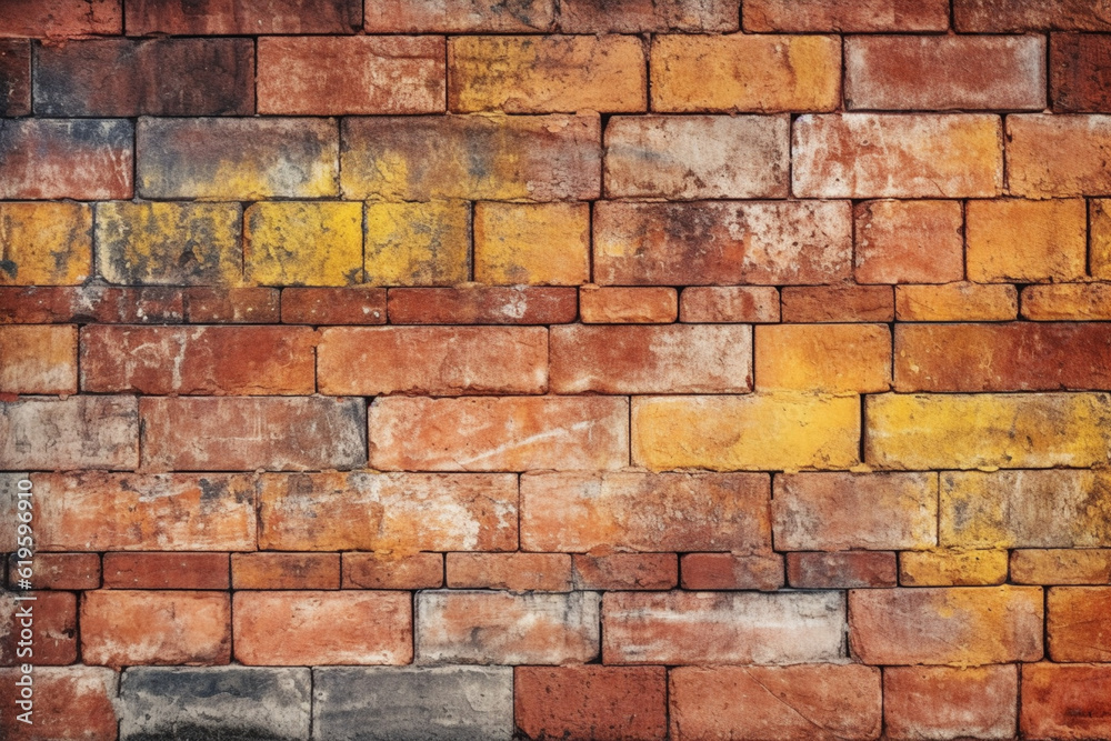 Fototapeta premium Aged yellow and red brick wall as a grungy seamless pattern texture. Generative AI