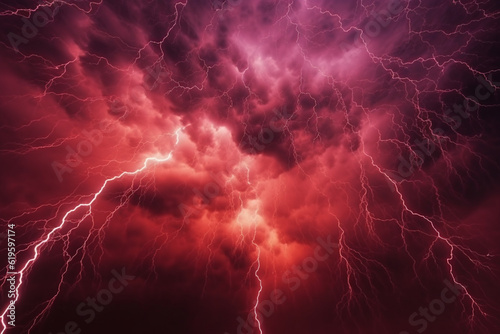 Apocalyptic backdrop with vibrant lightning in a dark red sky. Generative AI