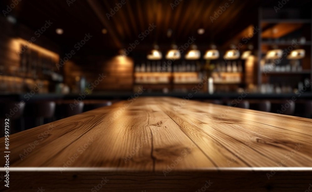 Bar interior background blurred, showcasing the top of a wooden table. Generative AI Bar interior background blurred, showcasing the top of a wooden table. Generative AI