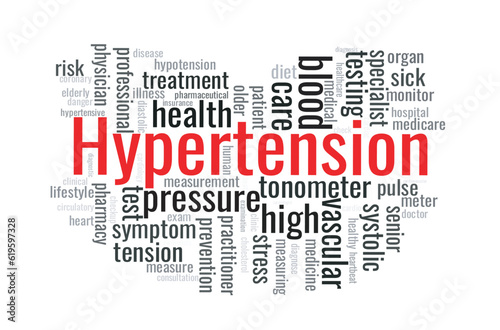 Illustration in the form of a cloud of words related to the hypertension.