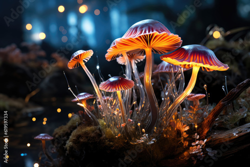 Bioluminescent and psychedelic mushrooms, emanating an enchanting magical glow. Generative Ai.