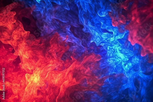 Bold red and blue flames ignite the darkness of the background. Generative AI © Jawed Gfx