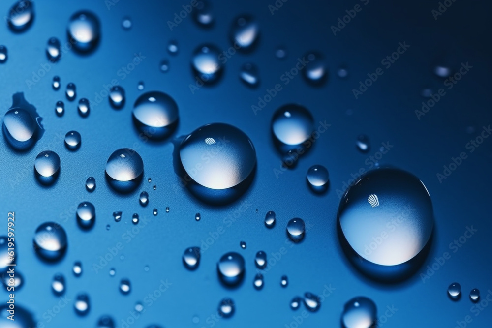 Captivating water droplets on a gradient-filled deep blue background. Generative AI