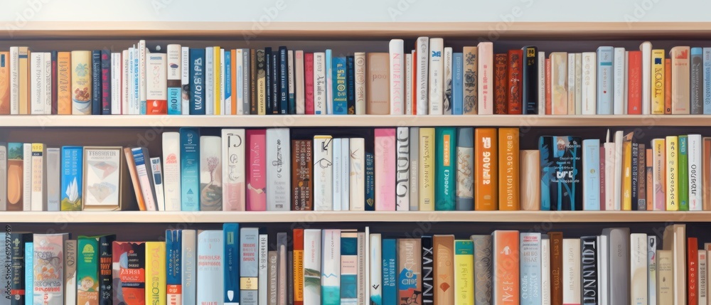Close up of library books on shelf. Generative AI Close up of library books on shelf. Generative AI