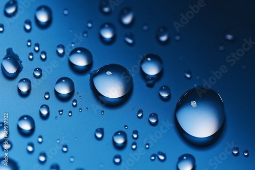 Captivating water droplets on a gradient-filled deep blue background. Generative AI