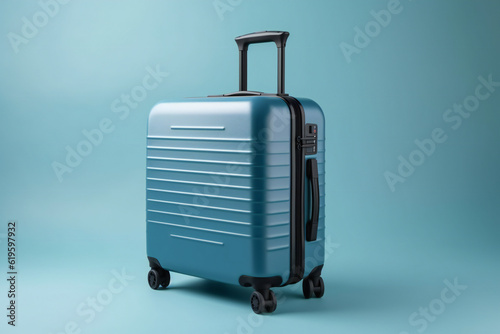 Blue suitcase on blue background, minimal style. Travel concept, vacation time, luggage, bag for travel. Holiday, trip and adventure theme,ai generated