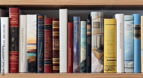 Close up of library books on shelf. Generative AI