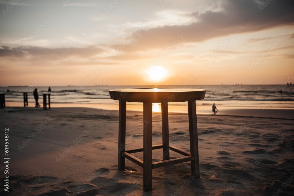Wooden table on the beach at sunset,ai generated