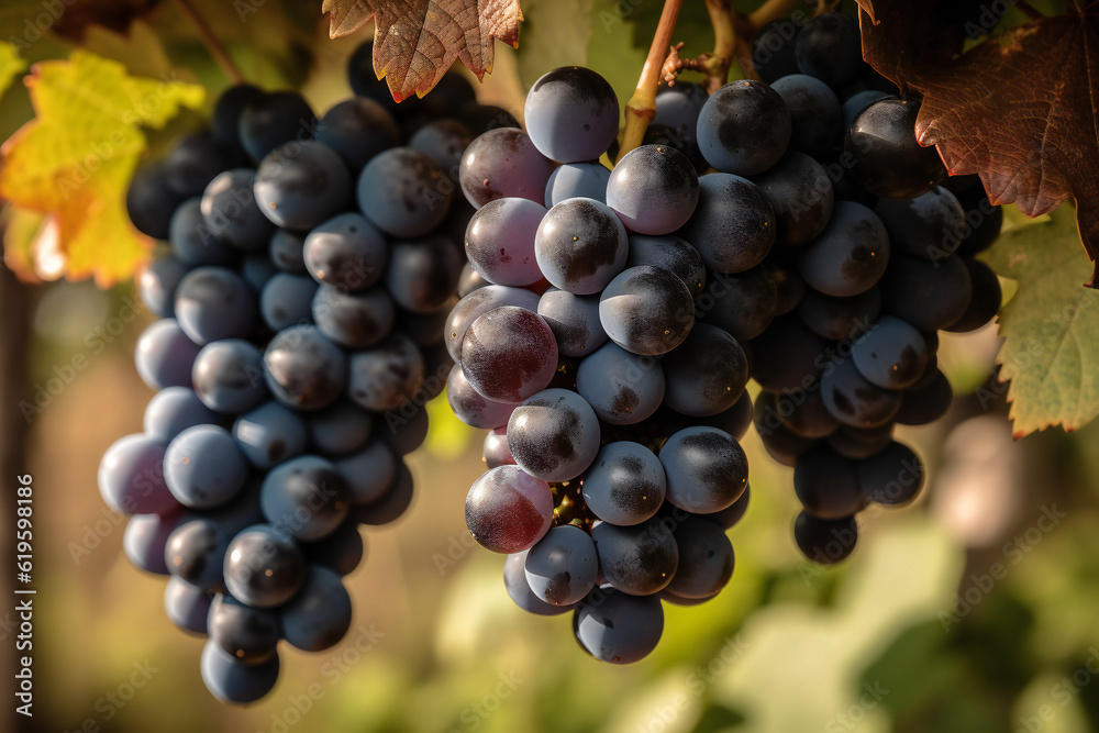 Bunch of blue grapes hanging on autumn vineyard,ai generated Bunch of blue grapes hanging on autumn vineyard,ai generated