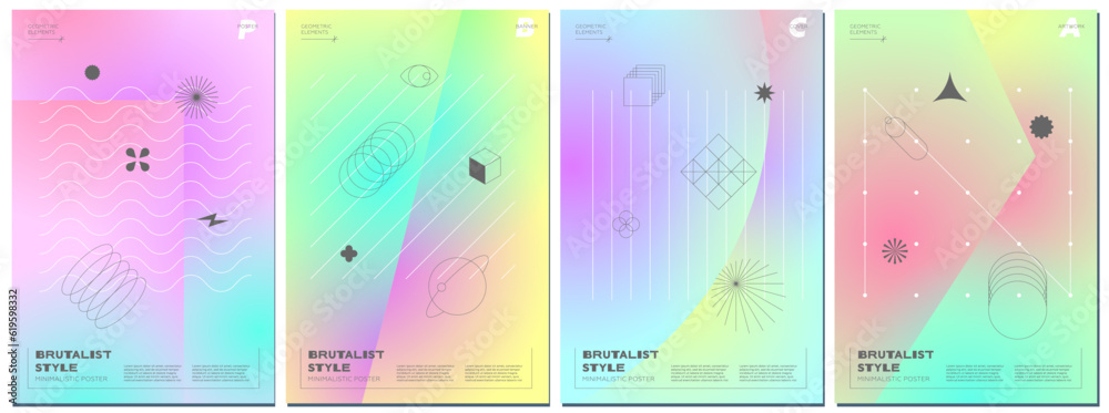 Trendy abstract brutalism poster set with minimalistic geometric shapes on gradient background. Modern brutalist style minimal prints design with simple graphic elements. Brutal y2k print eps template
