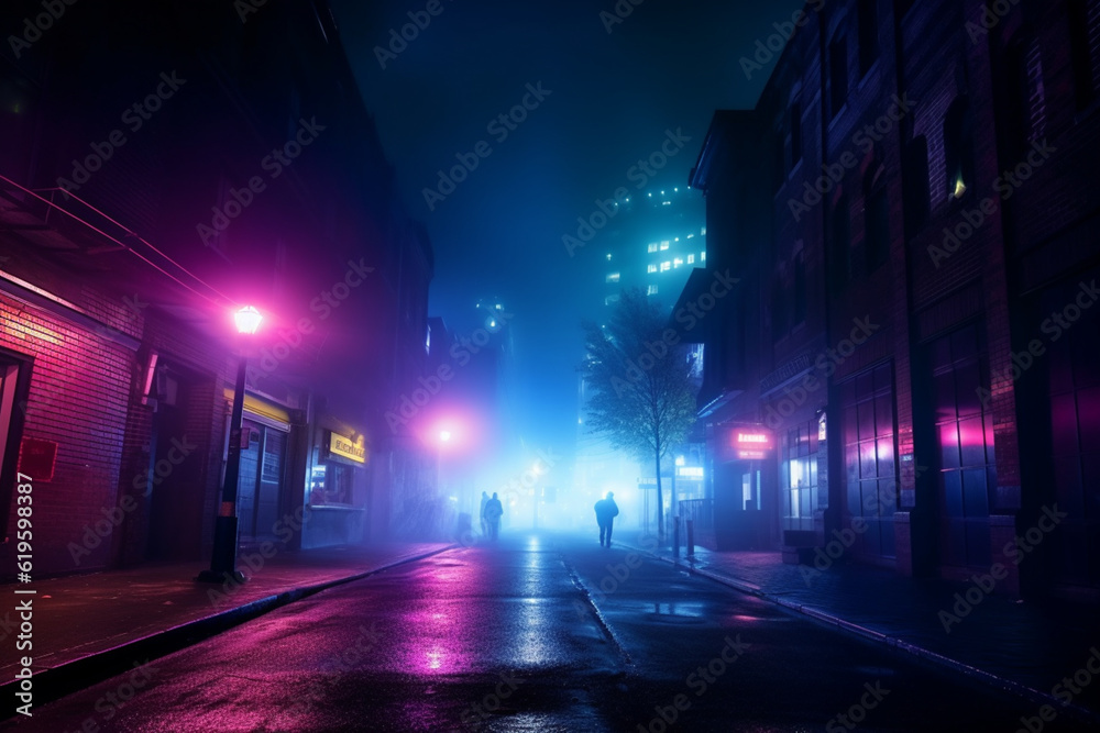 Dark street enveloped in neon reflections, searchlight beam, and smoky mist. Generative AI