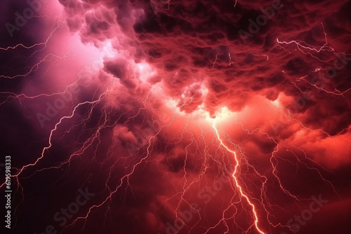 Dark red stormy sky crackling with electrifying apocalyptic lightning. Generative AI
