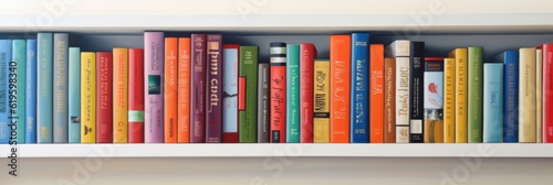 Close up of library books on shelf. Generative AI © BraveSpirit
