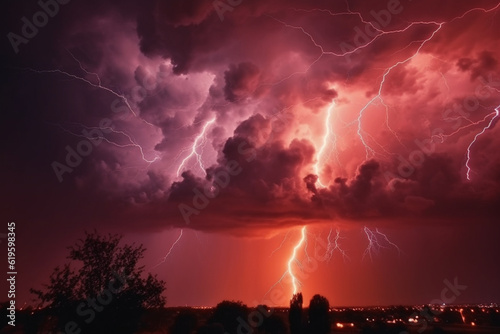 Dark red stormy sky illuminated by dramatic apocalyptic lightning. Generative AI