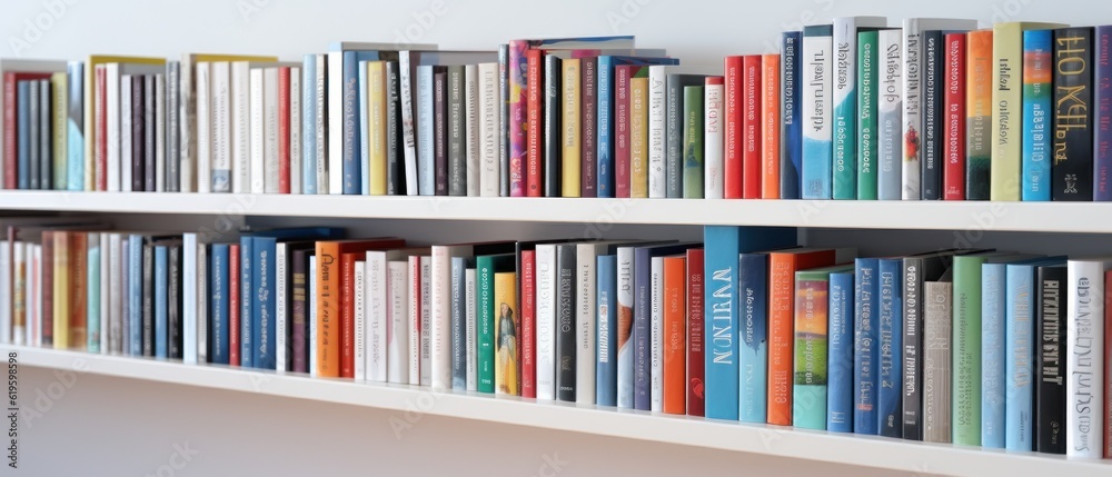 Close up of library books on shelf. Generative AI Close up of library books on shelf. Generative AI