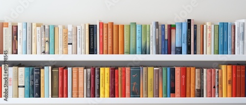 Close up of library books on shelf. Generative AI © BraveSpirit