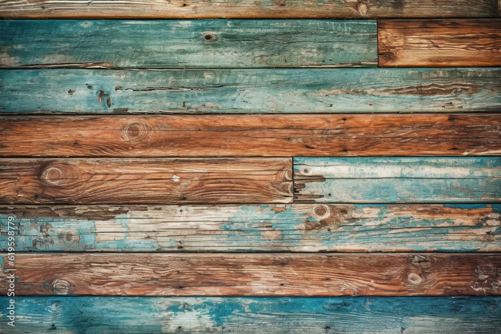 Distressed, vivid, aged wood background with charm. Generative AI Distressed, vivid, aged wood background with charm. Generative AI