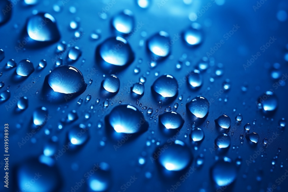 Dynamic deep blue background enhanced by sparkling water droplets and gradients. Generative AI