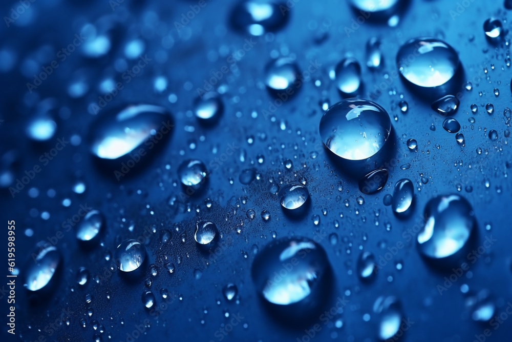 Dynamic deep blue background enhanced by sparkling water droplets and gradients. Generative AI