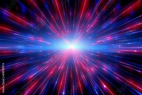 Dynamic disco background featuring shimmering blue and red rays. Generative AI